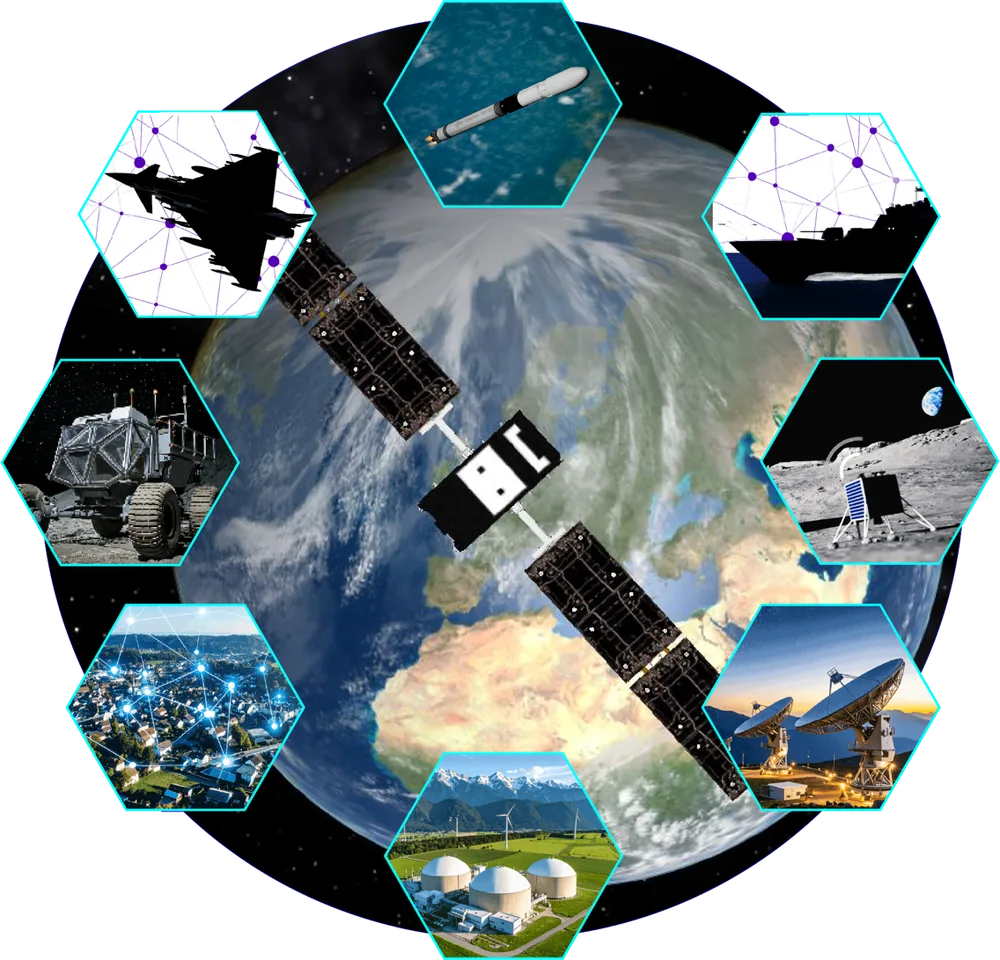 Collage of a satellite, the Earth and hexagonal images of space applications